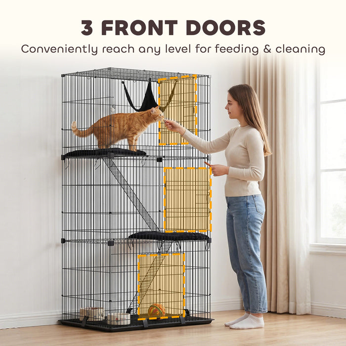 PawHut 3-Tier Large Cat Cage Indoor, Detachable Metal Wire Kennel with Hammock, Platforms, Tray and Cushions for 1-2 Kittens