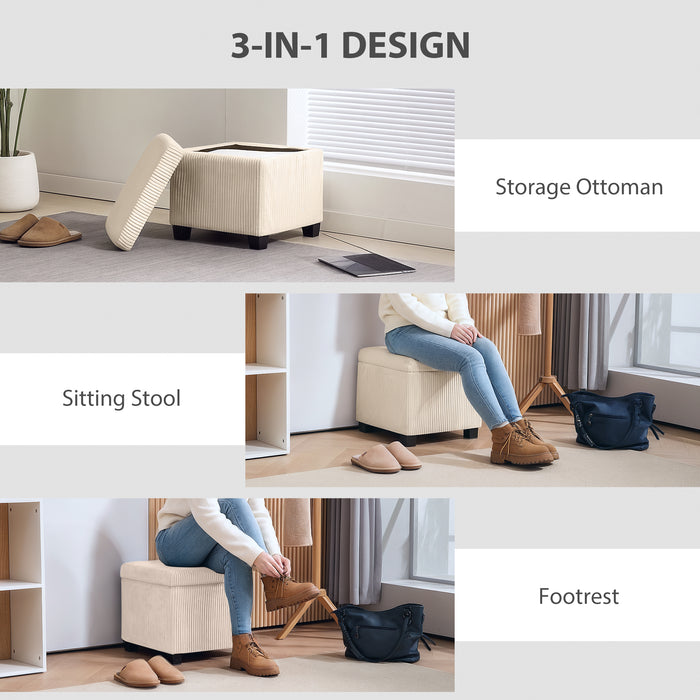 HOMCOM Storage Ottoman Bench, Corduroy Footstool with Removable Lid and Legs, 40cm Storage Chest Box for Living Room, Bedroom, Hallway, Beige