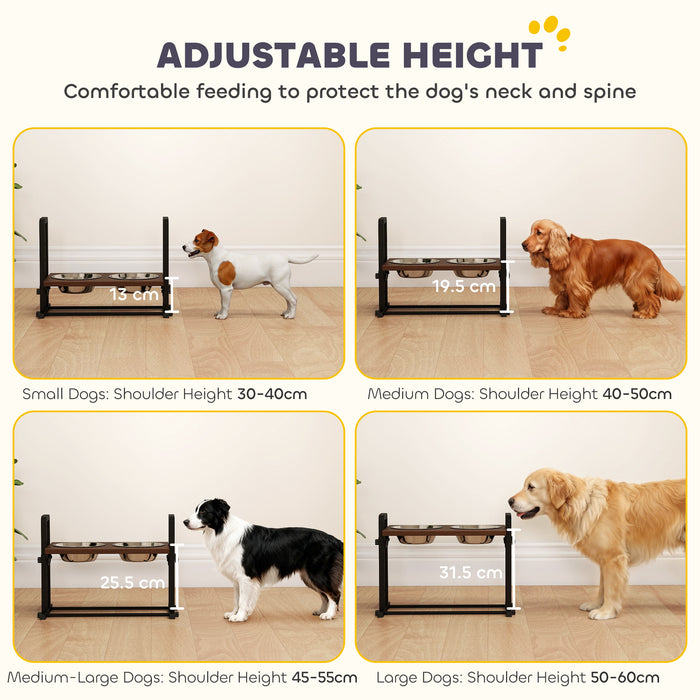 PawHut Raised Dog Bowls with Stand, 4 Heights Adjustable Pet Feeder with 3 Adjustable Angles for Small, Medium & Large Breeds, Brown