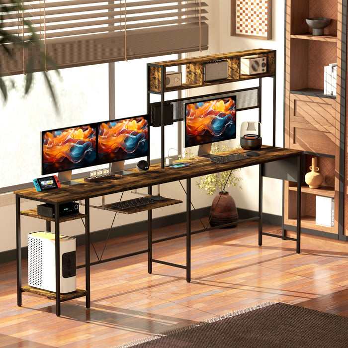 HOMCOM 160cm Reversible L Shaped Desk with Power Outlet, Industrial Corner Desk with Storage Shelves and Keyboard Tray, 240cm Long Computer Desk for 2 Person, Rustic Brown