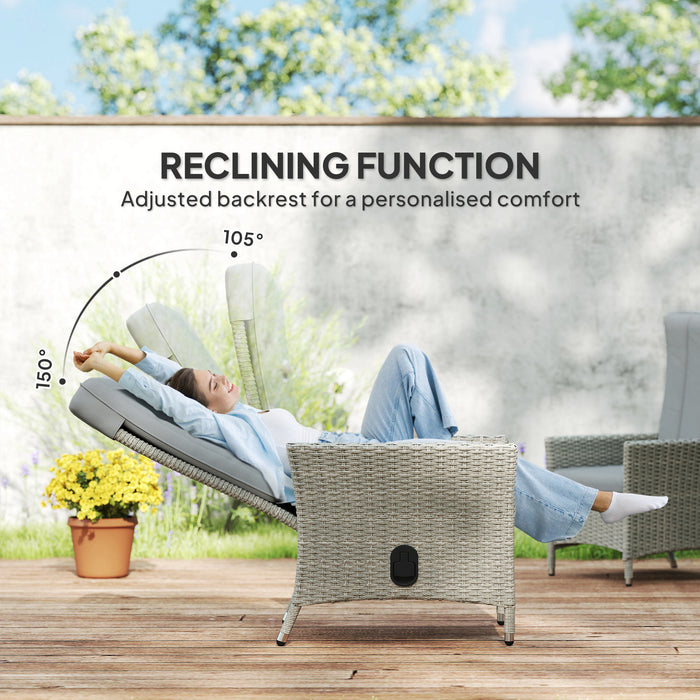 Outsunny Rattan Garden Recliner Chair, Wicker Reclining Armchair with Adjustable Backrest and Cushion, Outdoor Lounge Sun Lounger with Armrests for Patio Balcony Porch, Grey