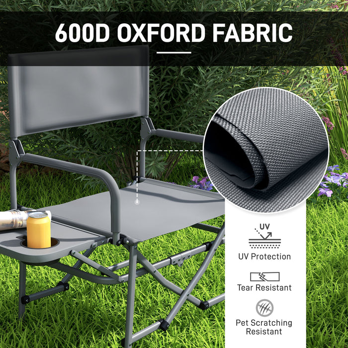 Portable Director's Chair with Built-in Side Table - Durable Grey Camping Seat - Ideal for Outdoor Events and Picnics