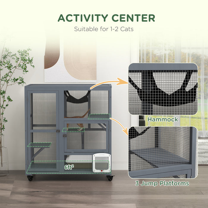 PawHut Cat Cage House, Catio Cat Outdoor Enclosure on Wheels, Weather-Resistant Wooden Kitty Cage with Platforms, Hammock, 100L x 60W x 110Hcm - Light Grey | Aosom UK