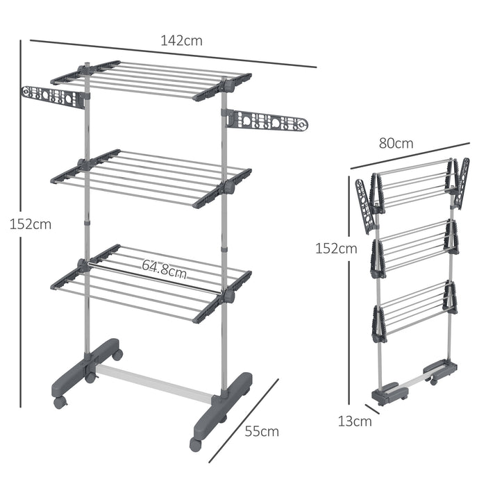 3-Tier Clothes Airer with Wheels and Wings - Foldable Stainless Steel Drying Rack for Indoor/Outdoor Use - Easy to Assemble, Space-Saving Design for Home Laundry Care