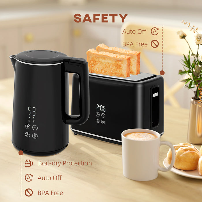 HOMCOM Kettle and Toaster Set, 1.5L 3000W Fast Boil Kettle with Insulation & 2 Slice Toaster Kitchen Set with 7 Level Browning Controls, Defrost, Reheat and Crumb Tray, Black