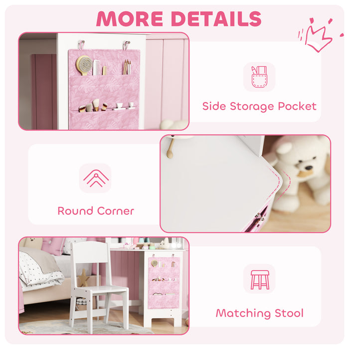 AIYAPLAY Kids Dressing Table and Stool Set, Girls Vanity Table with 2-Colour LED Lights, Tri-Folding Mirror, White