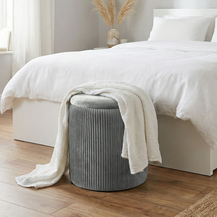 HOMCOM Storage Ottoman Modern Velvet Round Foot Stool for Living Room Bedroom 45 cm Grey