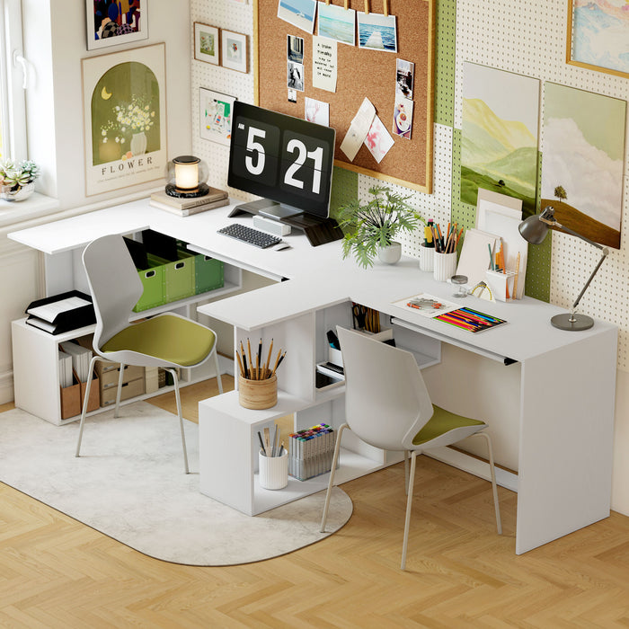 HOMCOM L-Shaped Corner Desk, Computer Desk with Keyboard Tray and Open Shelves, White Wood Effect