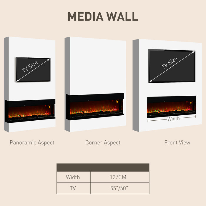 HOMCOM 50inch/ 127cm Media Electric Fireplace Wall Mounted, Recessed, Insert, Freestanding, Glass Electric Fire with Adjustable LED Flame Effect, Log, Crystal, Remote Control, 1800W, Black | Aosom UK