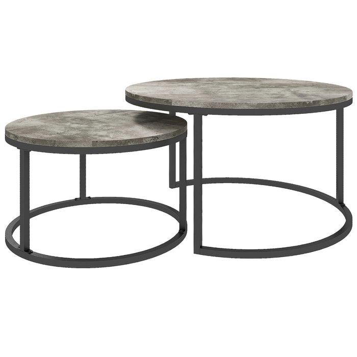 Round Nesting Coffee Table Duo - Faux Cement Finish with Robust Steel Frame - Ideal for Living Room Space Optimization