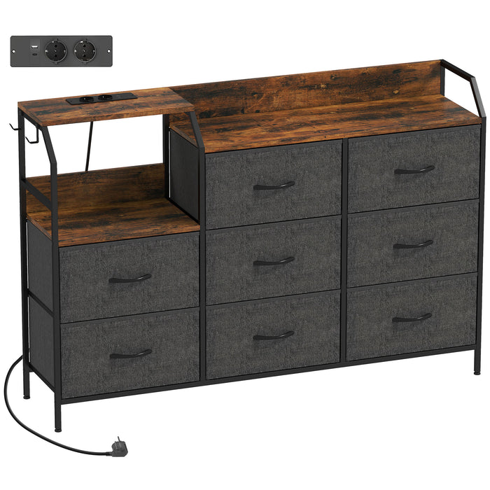 HOMCOM Chest of Eight Drawers, with Charging Station - Brown/Black