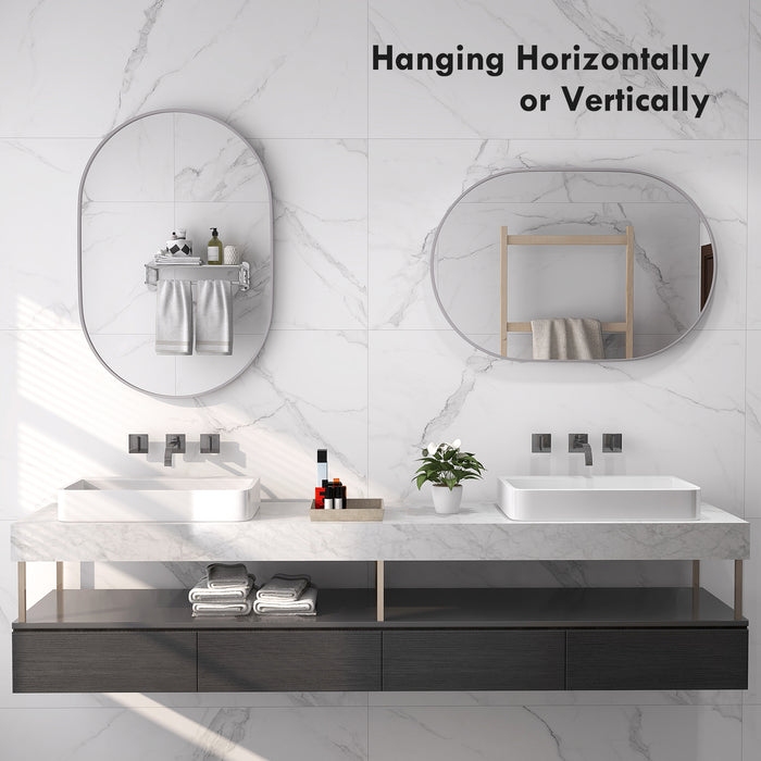 Modern Oval Wall-Mounted Mirror - Aluminum-Framed Vanity Mirror for Bathroom or Living Room, 60x90 cm - Versatile Hanging Options, Silver Finish for Entryways and Home Decor