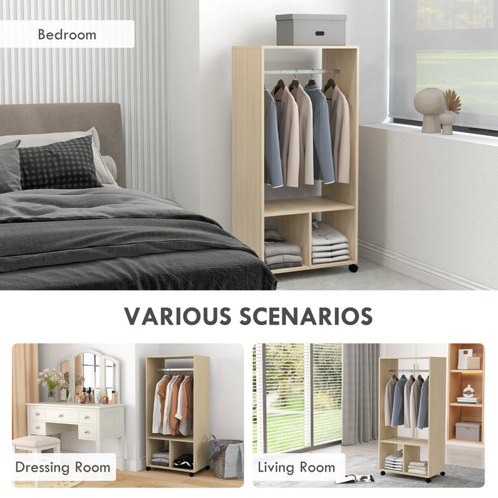 HOMCOM Open Wardrobe on Wheels, Bedroom Wardrobe with Clothes Hanging Rail, 2 Storage Shelves, Mobile Garment Rack for Cloakroom, Hallway, Natural