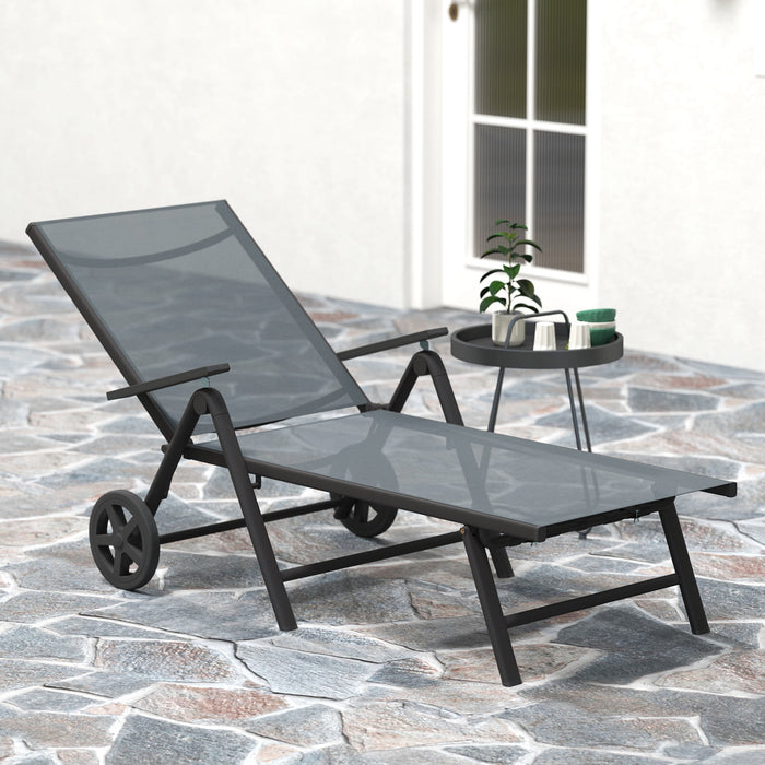 Outsunny Folding Sun Lounger with Wheels, 5-Position Adjustable Garden Chaise Lounge Sunbed with Armrests, Metal Frame Outdoor Portable Reclining Chair for Beach, Porch, Grey