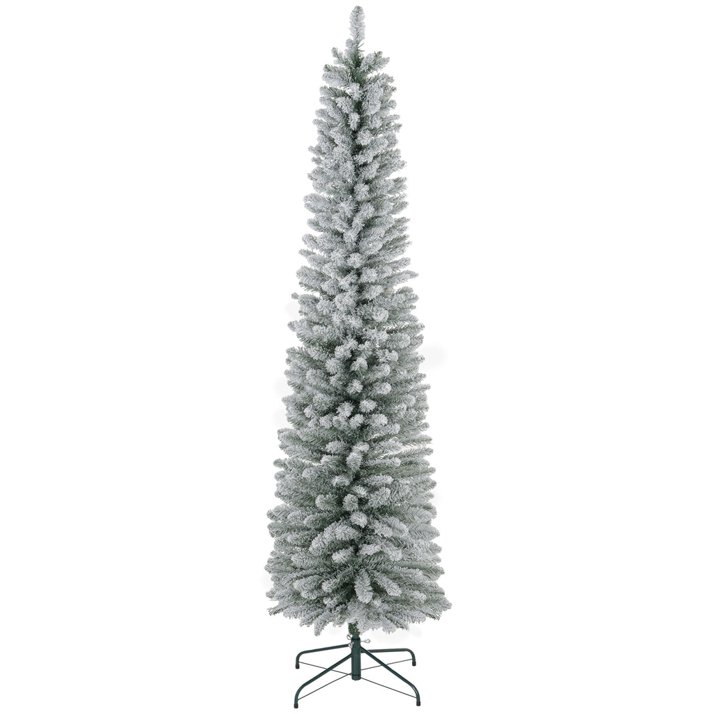 7ft Snow Flocked Pencil Christmas Tree - 405 Realistic Tips with Sturdy Metal Base - Space-Saving Design for Holiday Decor