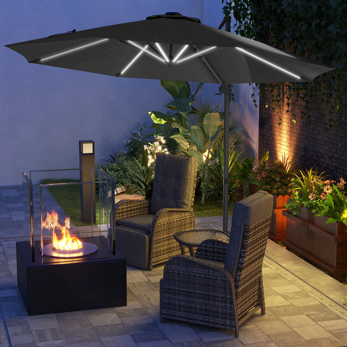 Adjustable Cantilever Parasol with Solar LED Lights and Base - 3m Coverage, Dark Grey Canopy - Ideal for Outdoor Relaxation and Nighttime Ambiance
