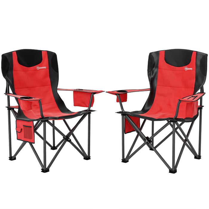 Outsunny Set of 2 Folding Camping Chairs, Padded Camping Chairs with Adjustable Armrests, Portable & Lightweight Folding Camp Chair with Cooler Bag, Cup Holder and Side Pockets, Red