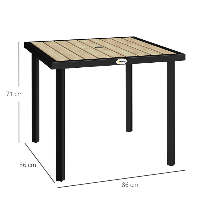 Outsunny Square Garden Dining Table with 5.4cm Parasol Hole, Slatted Top, Metal Frame, 86 x 86 x 71cm, Brown