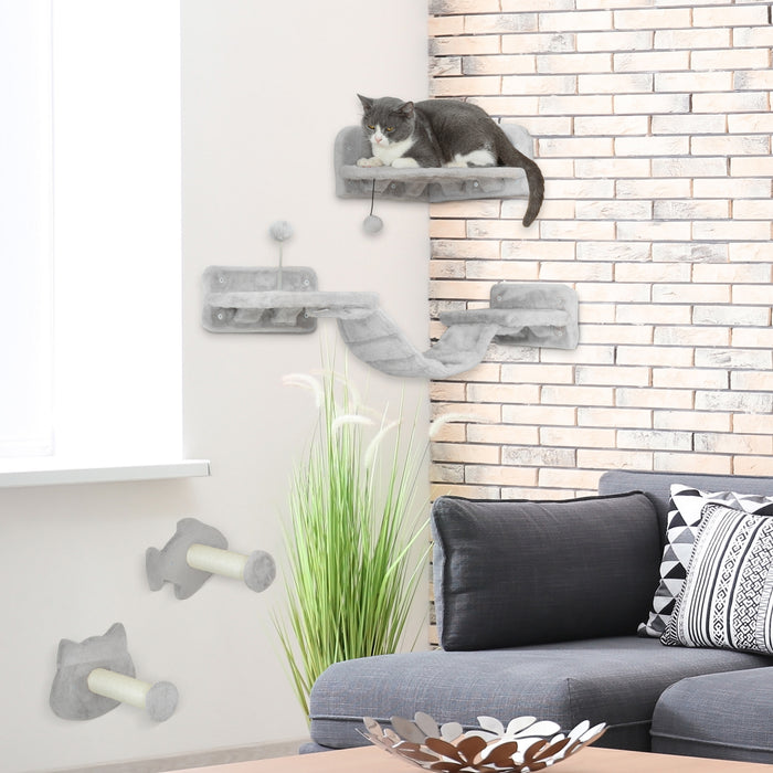 PawHut 4PCs Cat Wall Shelves with Steps, Ladder, Jumping Platforms, Light Grey | Aosom UK
