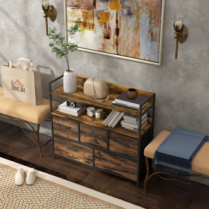 Rustic Wood-Effect Storage Unit - Chest with 5 Brown Fabric Drawers - Ideal Organizer for Bedroom or Living Spaces