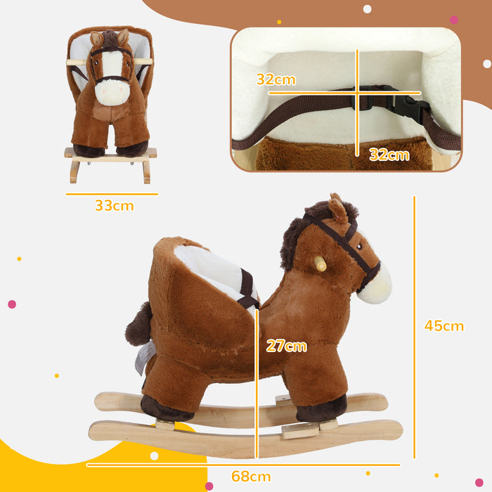 AIYAPLAY Kids Rocking Horse, Plush Ride on Horse, with Sound, Wood Base for Aged 18-36 Months - Brown