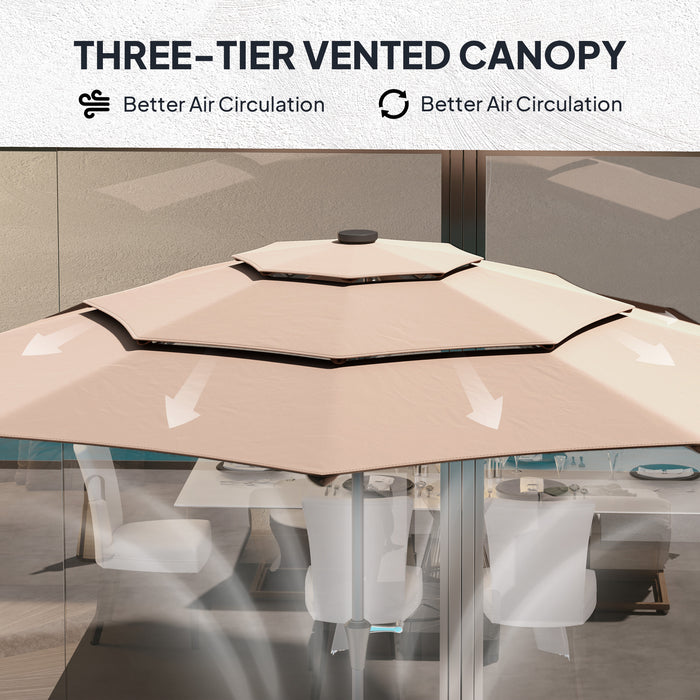 Outsunny 3-Tier Garden Parasol with Solar LED Lights, UPF 30+, Tilt Mechanism & Crank Handle, for Market Terrace, Khaki