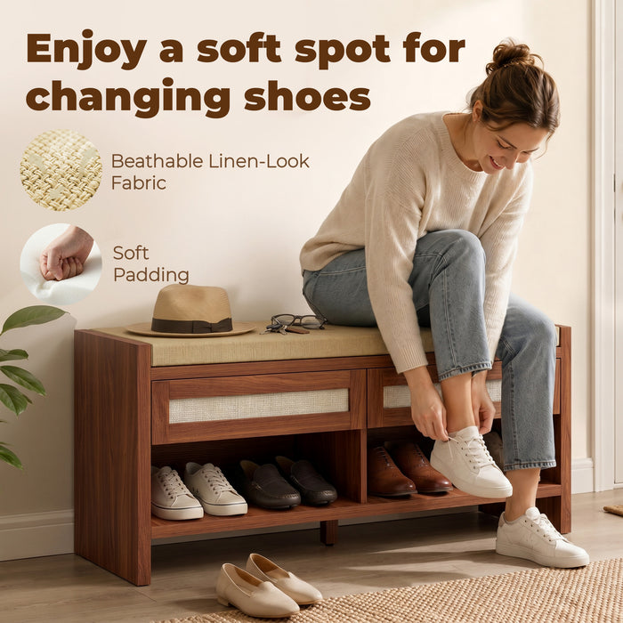 HOMCOM Boho Shoe Bench with 2 Rattan Drawers, Shoe Storage Bench with Cushioned Seat and Open Shelf Brown