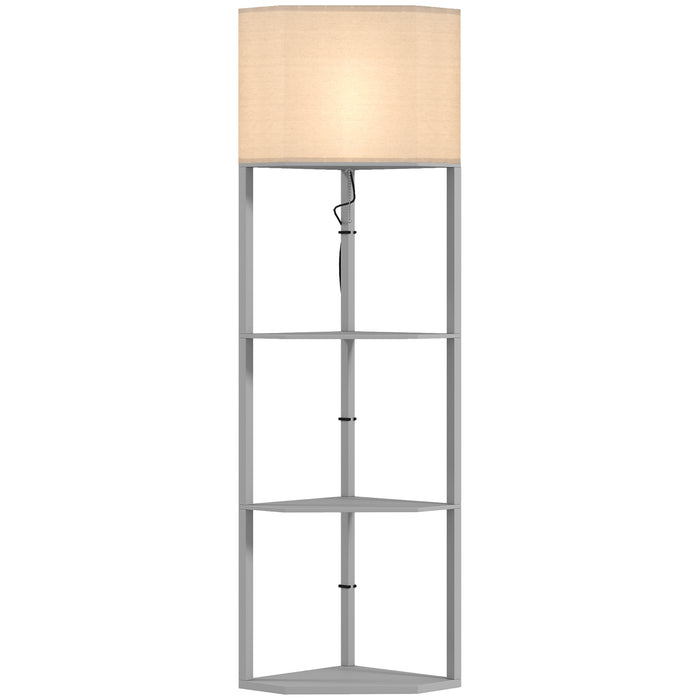 HOMCOM Corner Floor Lamp with Shelves, Tall Standing Lamps for Living Room, with Pull Chain Switch Bulb not Included, Grey | Aosom UK