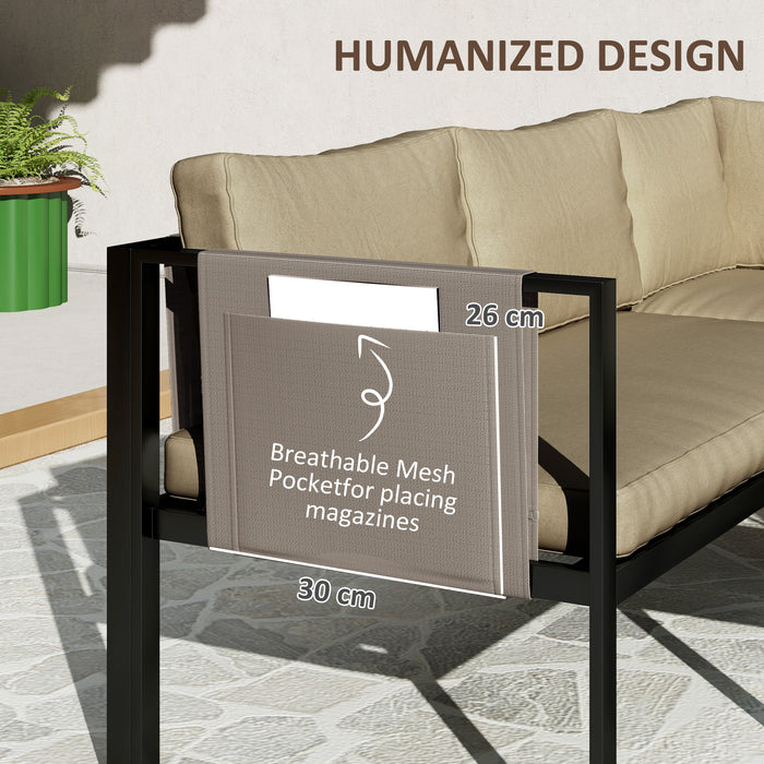 Outsunny 4 Piece Metal Garden Furniture Set with Tempered Glass Coffee Table, Breathable Mesh Pocket, Outdoor Conversational Corner Sofa Loveseat with Padded Cushions, Khaki