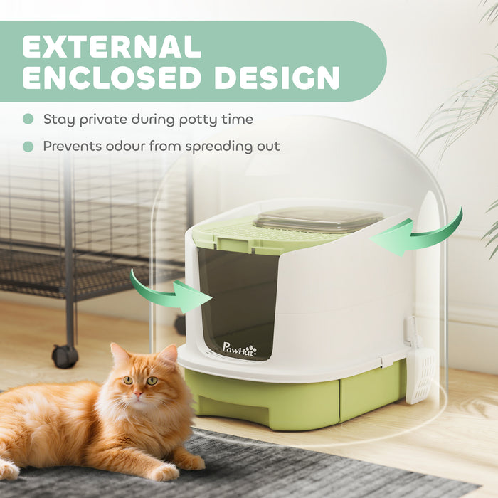 PawHut Cat Litter Box with Lid, Scoop, Deodorisation Bags, Top Entry, Green