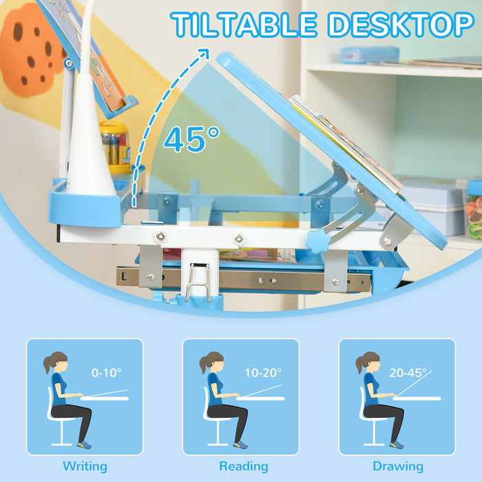 HOMCOM Kids Study Desk and Chair Set w/ Adjustable Height, Storage Drawer - Blue | Aosom UK