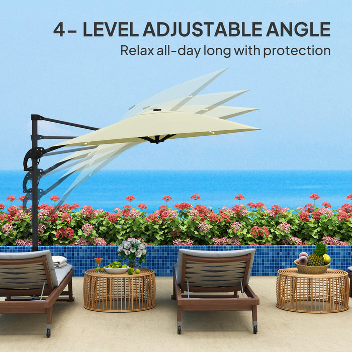 Outsunny 3(m) Cantilever Garden Parasol with Solar Powered Lights, Crank Handle & Cross Base, UPF 50+, 360° Rotation, Cream