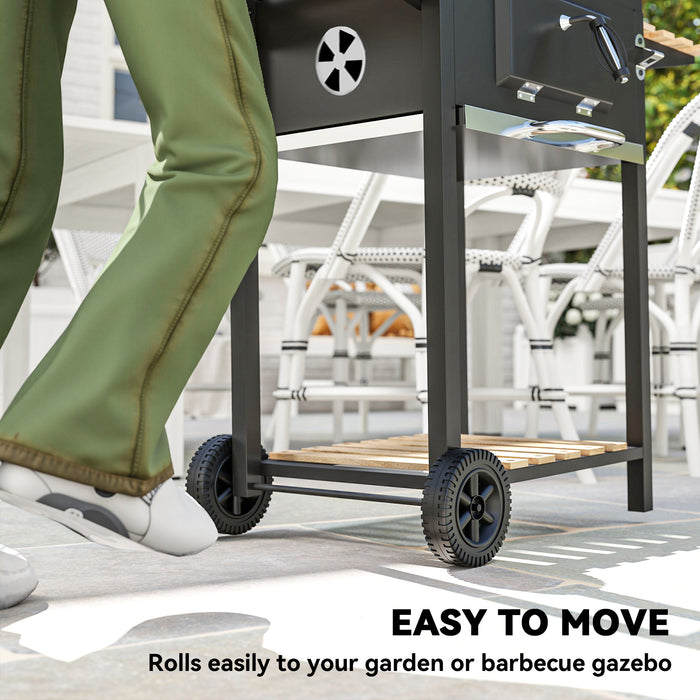 Outsunny Charcoal BBQ Grill with Height Adjustable Charcoal Pan, Portable Barbecue Smoker with Warming Rack, 3 Shelves, Temperature Gauge, Wheels, Bottle Opener for Outdoor Cooking Garden Party