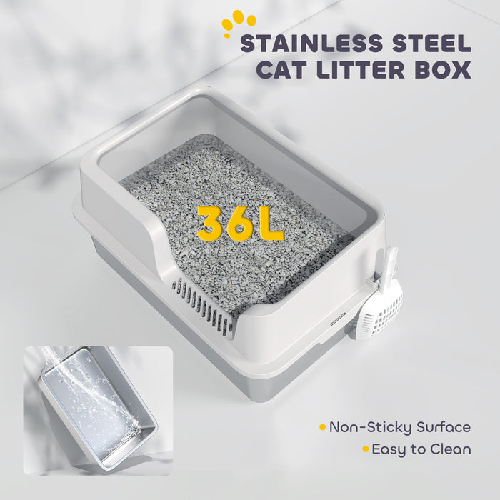 PawHut Stainless Steel Litter Box with Detachable Rim, Scoop, Easy Cleaning, Odour-Resistant, 60 x 40 x 28 cm