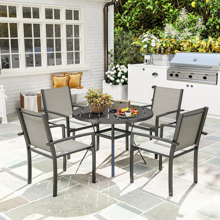 Outsunny 5 Piece Garden Furniture Set, Garden Dining Set with Round Table and 4 Stackable Chairs, Steel Frame, for Outdoor, Patio, Terraces, Dark Grey