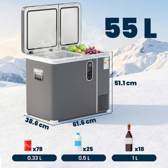 Outsunny 55L Compressor Car Fridge Freezer, Dual Zone Camping Refrigerator with App Control, Grey