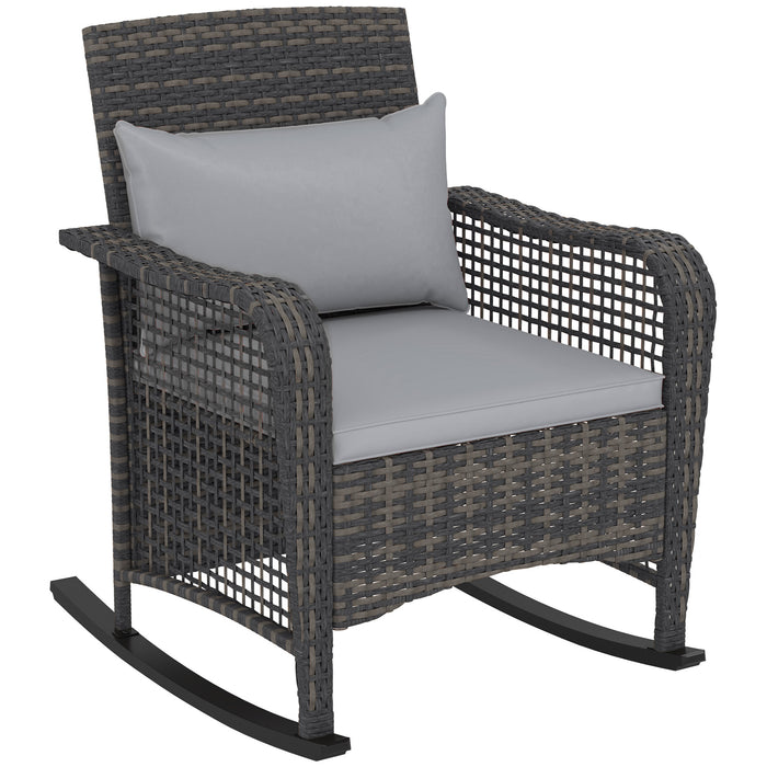 Outsunny Garden Rocking Chair, Outdoor Rattan Rocker Lounge Chair with Seat and Back Cushions, Patio Armchair Seat with All-weather Wicker, Steel Frame for Porch Balcony, Light Grey