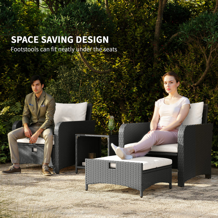 Outsunny Five Piece Rattan Garden Furniture Set with 2-Tier Coffee Table and Ottomans  - Cream White