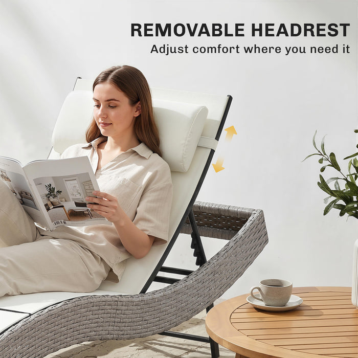 Outsunny Rattan Sun Lounger, Garden Recliner with 5 Position Adjustable Back, S Shaped Texteline Seat, Headrest, Cream White