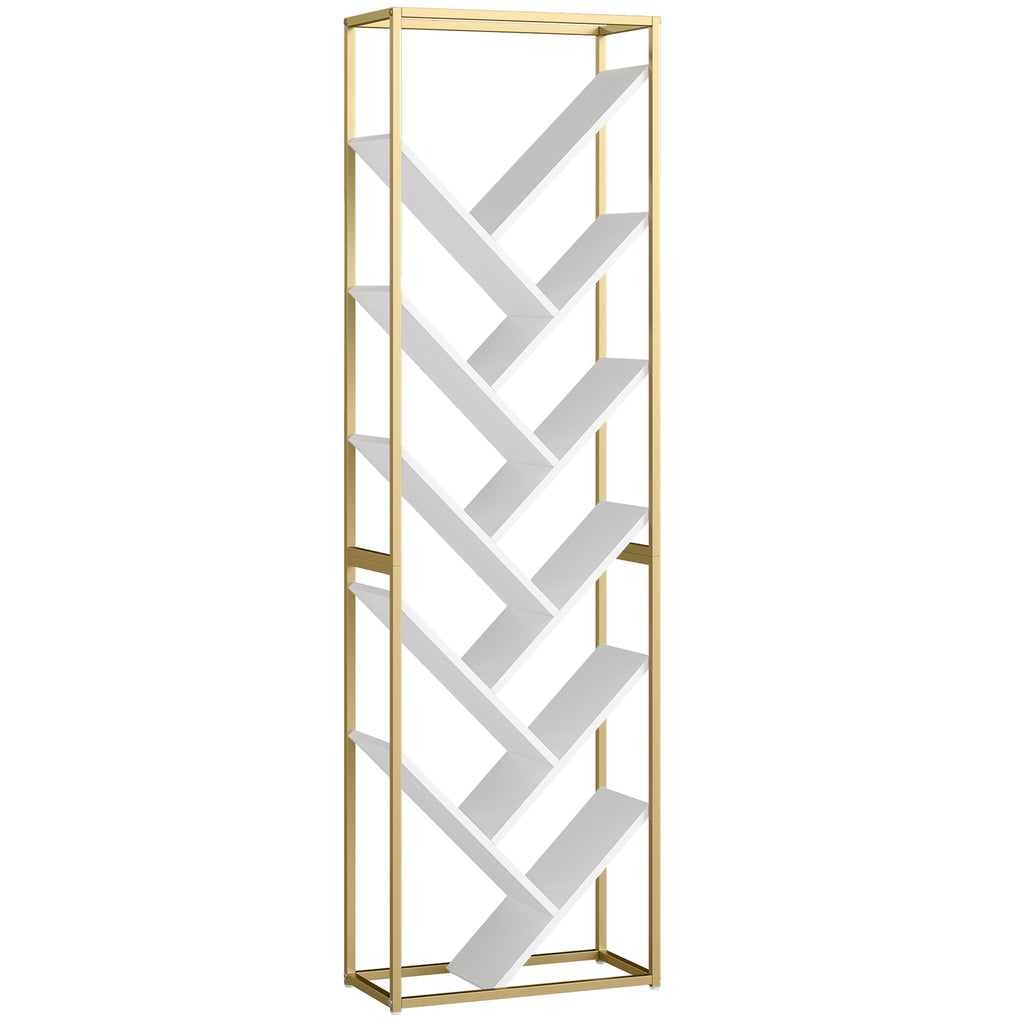 HOMCOM 10 Shelf Modern-Style Bookshelf - Gold Tone/White
