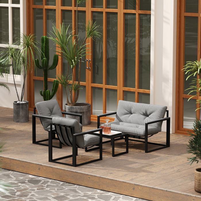 Outsunny Garden Furniture Set, 4 Piece Indoor Outdoor Conservatory with Loveseat Sofa, Armchairs, Glass Top Coffee Table, Cushions for Balcony, Poolside, Patio, Dark Grey