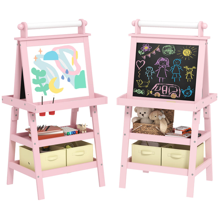 AIYAPLAY 3 in 1 Kids Easel Double-Sided Magnetic Whiteboard and Chalkboard with Paper Roll, Storage Baskets - Pink | Aosom UK