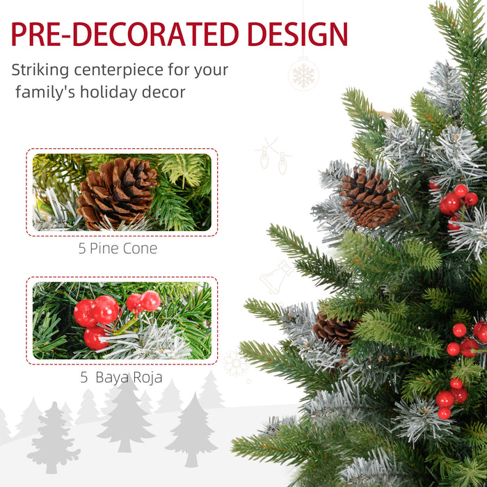 HOMCOM 2 Pieces 2ft Prelit Artificial Christmas Tree with LED Light and 141 Tips, Concrete Base, Tabletop Xmas Tree with Pine Cones and Red Berries, Green