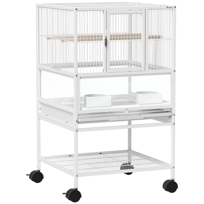 PawHut Bird Cage with Rolling Stand, Acrylic Viewing Panels, Storage Shelf, for Budgie, Parakeet, 48 x 46 x 83 cm