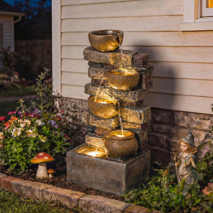 Outsunny 28" 5-Tier Outdoor Fountain, Cascading Waterfall Feature with LED Lights, Adjustable Flow, Rustic Brown