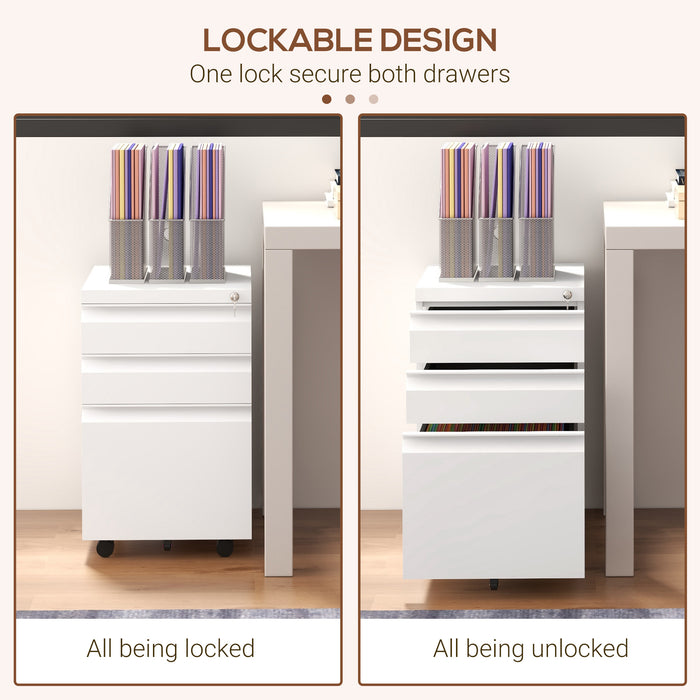 Vinsetto 3-Drawer Mobile Filing Cabinet with Pencil Tray, Steel Lockable Under Desk Drawers for Letter, A4 and Legal Size, Pre-Assembled Body, White