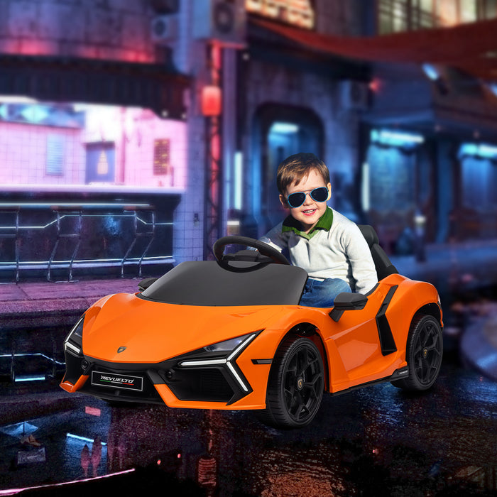 AIYAPLAY Lamborghini Revuelto Licensed 12V Ride on Car w/ Butterfly Doors Training Wheels, Suspension, Remote Control Orange | Aosom UK
