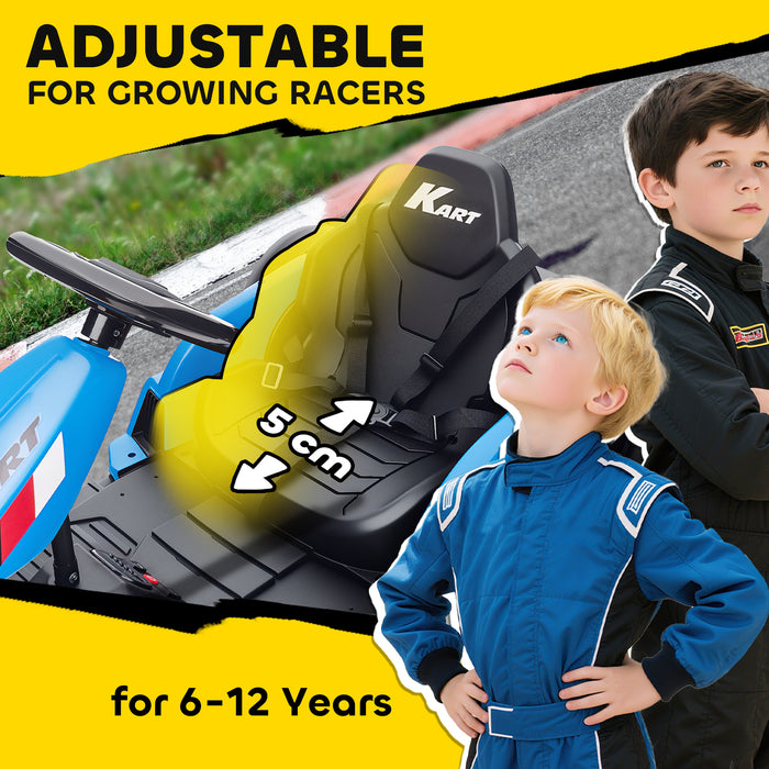 AIYAPLAY 24V Electric Go Kart, Drift Kart with Adjustable Seat, Slow Start, 5-Point Harness, Music, Horn, for 6-12 Years, Blue