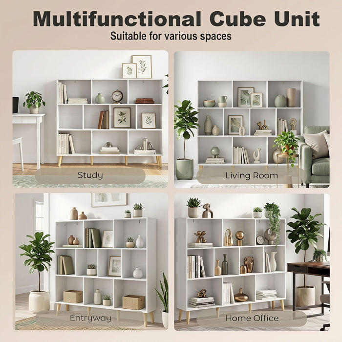 HOMCOM 10-Cube Bookcase, 3-Tier Book Shelf with Solid Wood Legs, 140 cm Modern Bookshelf with Anti-Tip Kit for Bedroom, White