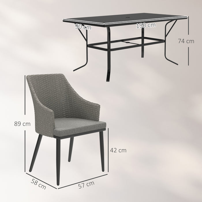 Outsunny 6 Seater Rattan Dining Set with Cushions, Garden Furniture Set with Armchairs, Rectangle Slatted Table Top, Steel Frame, Parasol Hole, Wicker Outdoor Furniture for Patio, Balcony, Grey